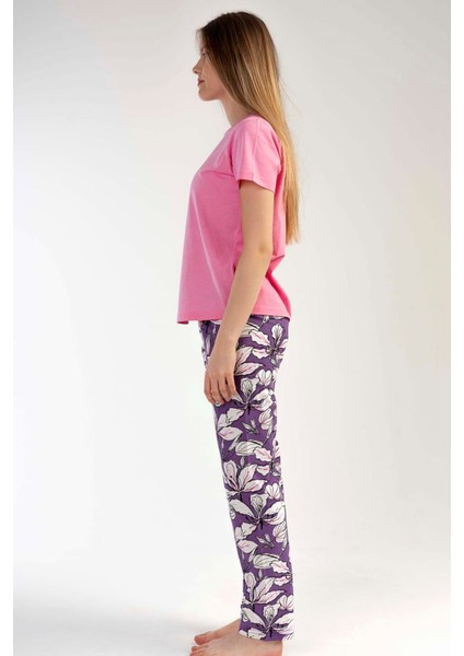 Kadın Pembe Kısa Kollu Desenli Bisiklet Yaka Oval Etek Süprem Pijama Takımı