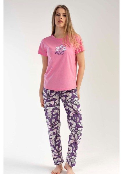 Kadın Pembe Kısa Kollu Desenli Bisiklet Yaka Oval Etek Süprem Pijama Takımı