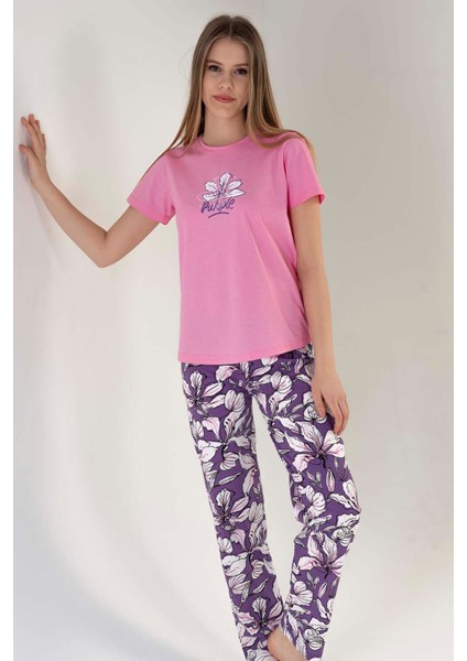 Kadın Pembe Kısa Kollu Desenli Bisiklet Yaka Oval Etek Süprem Pijama Takımı