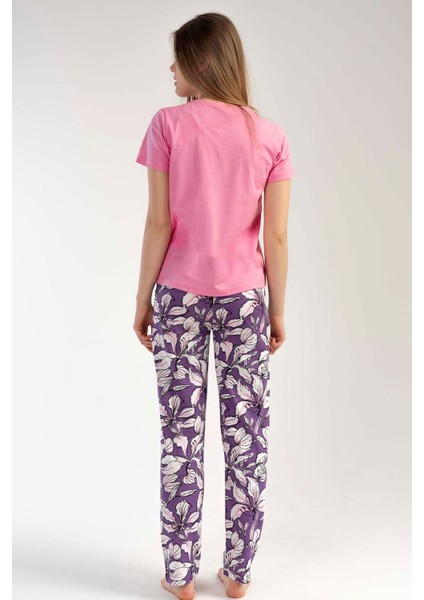Kadın Pembe Kısa Kollu Desenli Bisiklet Yaka Oval Etek Süprem Pijama Takımı