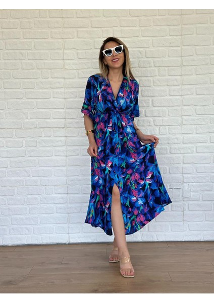 Kadın Çiçek Desenli Renkli Viskon Kumaş Yırtmaçlı Elbise