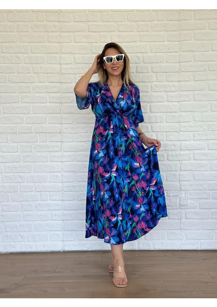 Kadın Çiçek Desenli Renkli Viskon Kumaş Yırtmaçlı Elbise fiyatları