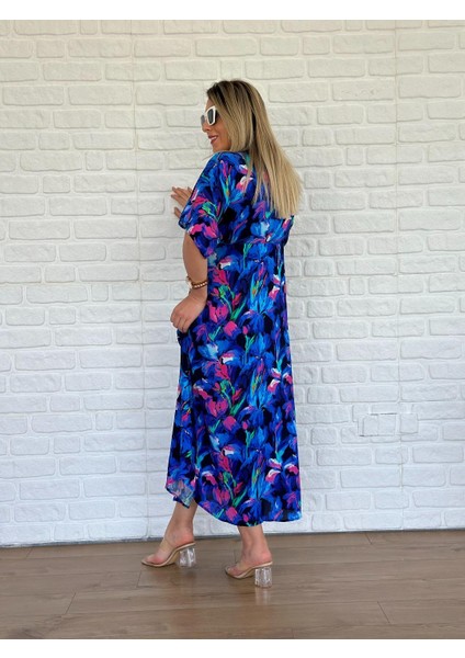 Kadın Çiçek Desenli Renkli Viskon Kumaş Yırtmaçlı Elbise modelleri