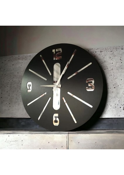 Modern Siyah Renk Hediyelik Ahşap Aynalı Dekoratif Farklı Desenli Duvar Saati 50CM Ahşap Siyah 50 x