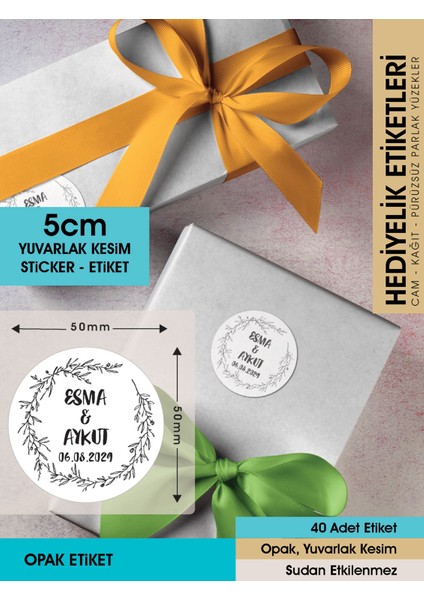 Çelenk Çiçek Motifli Etiket Modeli Ürünlerinize Özel 5 cm - 40 Adet Opak Sticker