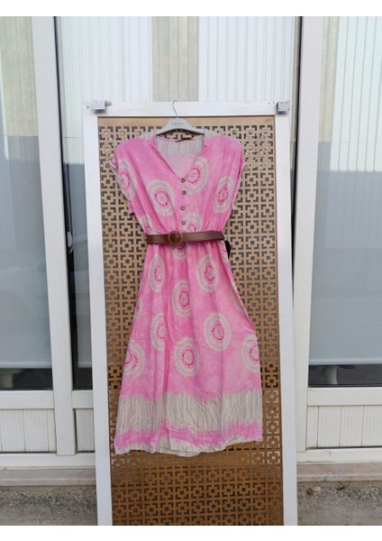 Kemerli Keten Kumaş Elbise Pembe - M