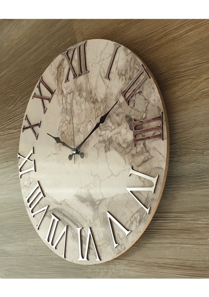 50 x 50 Mermer Desenli Ayna Rakamlı Duvar Saati Çap 50 cm Ahşap Modern Gümüş Yuvarlak