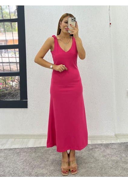 Askılı Ön Arka V Yaka Elbise Pembe - L