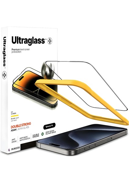 iphone 15 Için Super Güçlü Çizilmeye ve Darbeye Dayanıklı Hizalama Aparatlı Yüksek Kalite Ekran Koruyucu (Clear Ultra Glass, iphone 15)