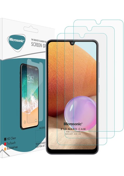Samsung Galaxy A32 4g Screen Protector Nano Glass Cam Ekran Koruyucu (3'lü Paket) [galaxy A32 4g ile Uyumlu Ekran Koruyucu - Şeffaf]