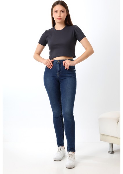 Pamuklu Kompakt Penye Ribana Bisiklet Yaka Crop T-Shirt 21560 Füme