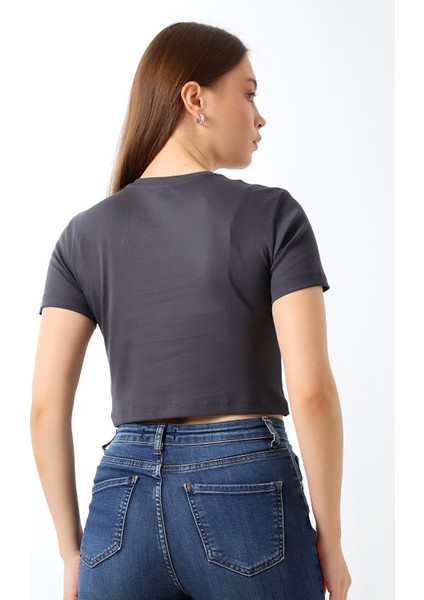 Pamuklu Kompakt Penye Ribana Bisiklet Yaka Crop T-Shirt 21560 Füme fırsatları