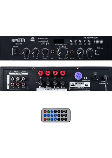 Hepa Merz HB-300 Stereo Mixer Amfi 4-8 Ohm 2 Çıkışlı 2X150W Anfi Bluetooth USB