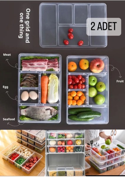 2 Adet Luna Kapaklı 5 Bölmeli Buzdolabı Düzenleyici Sebzelik - Et Balık Sebze Organizer