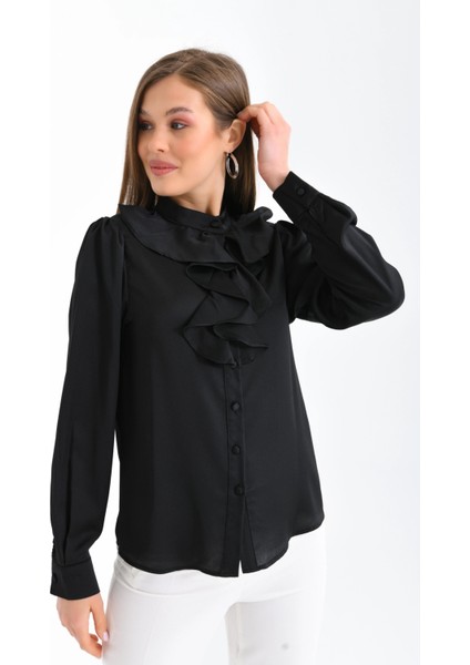 Kadın Siyah Hafif Dökümlü Volanlı Yaka Saten Gömlek fiyatları