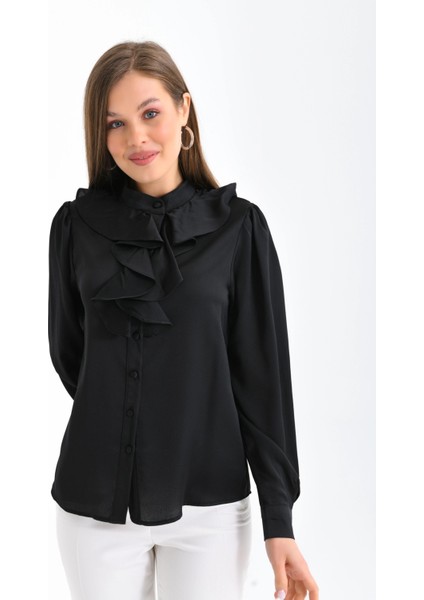 Kadın Siyah Hafif Dökümlü Volanlı Yaka Saten Gömlek modelleri