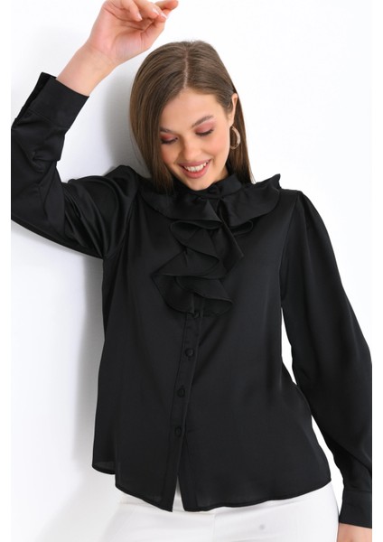 Kadın Siyah Hafif Dökümlü Volanlı Yaka Saten Gömlek fırsatları