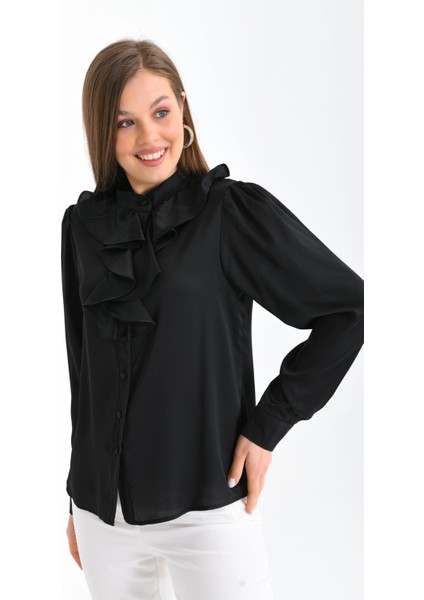 Kadın Siyah Hafif Dökümlü Volanlı Yaka Saten Gömlek indirimleri