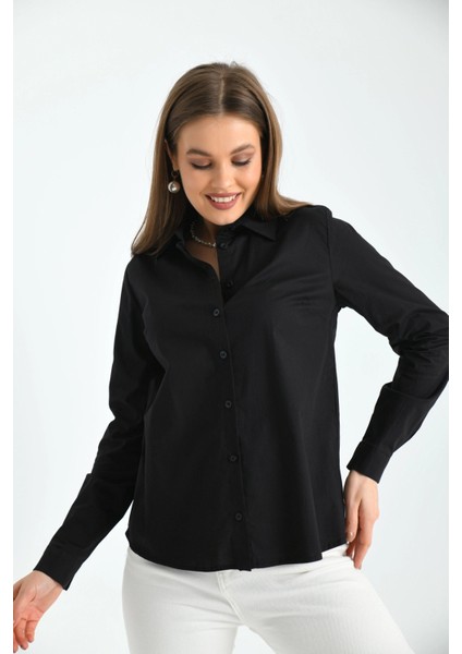 Kadın Siyah Basic Dokuma Gömlek modelleri