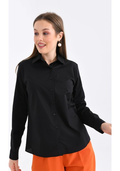 Kadın Siyah Basic Dokuma Gömlek fırsatları