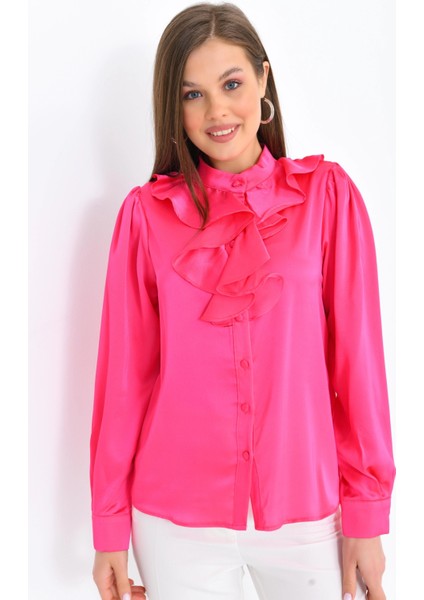 Kadın Fuşya Hafif Dökümlü Volanlı Yaka Saten Gömlek fiyatları