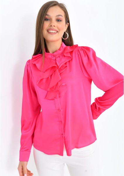 Kadın Fuşya Hafif Dökümlü Volanlı Yaka Saten Gömlek modelleri