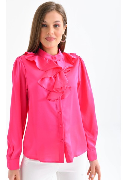 Kadın Fuşya Hafif Dökümlü Volanlı Yaka Saten Gömlek indirimleri