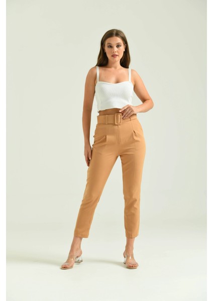 Kadın Kahve Kemer Detay Basic Pantolon