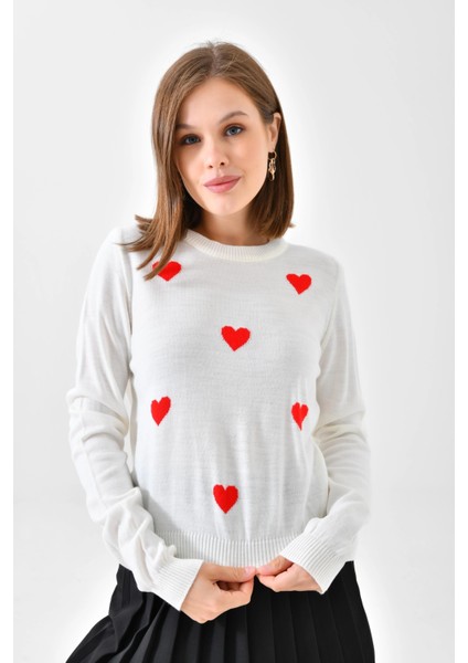 Bisiklet Yaka Kalp Desenli Triko Kazak fiyatları