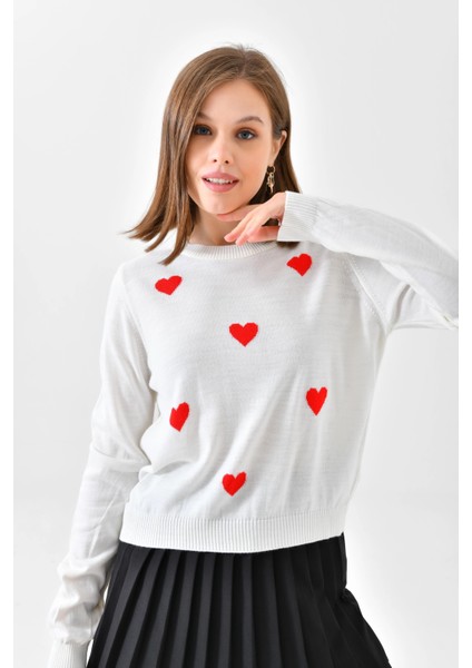 Bisiklet Yaka Kalp Desenli Triko Kazak modelleri