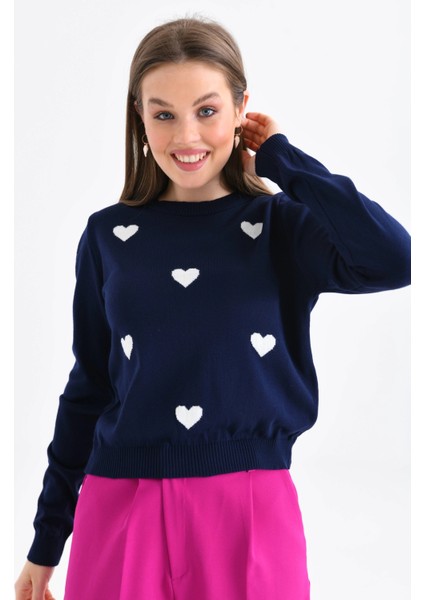 Bisiklet Yaka Kalp Desenli Triko Kazak