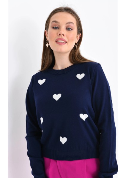 Bisiklet Yaka Kalp Desenli Triko Kazak modelleri