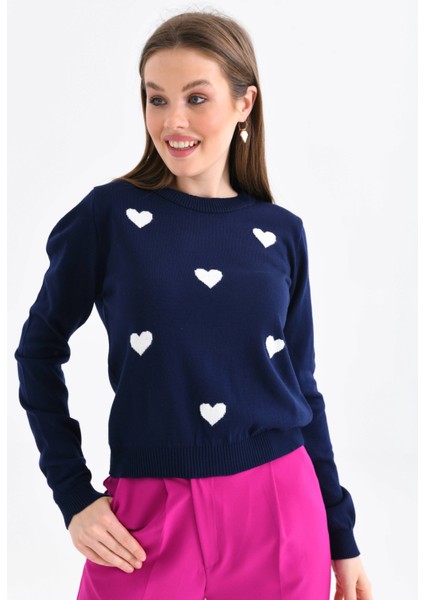 Bisiklet Yaka Kalp Desenli Triko Kazak indirimleri