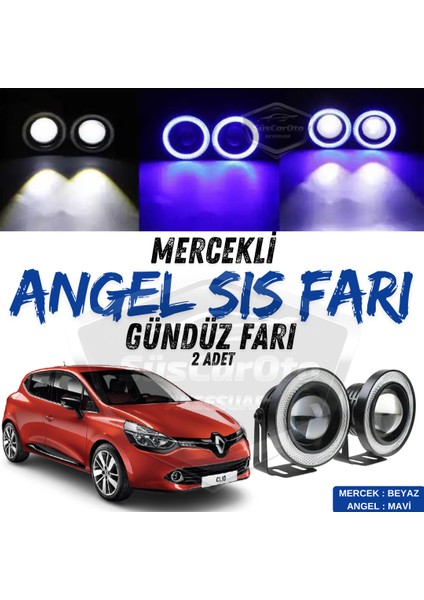 Renault Clio 4 2012-2020 Uyumlu Üniversal Mercekli Angel Sis Farı Metal Su Geçirmez 76 mm Mavi Halkalı Gündüz Farı Angel Eyes 2 Adet