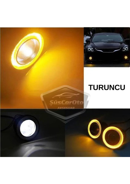 ŞüsCarOto Aksesuar Renault Clio 4 2012-2020 Uyumlu Üniversal Mercekli Angel Sis Farı Metal Su Geçirmez 76 mm Turuncu Halkalı Gündüz Farı Angel Eyes 2 Adet