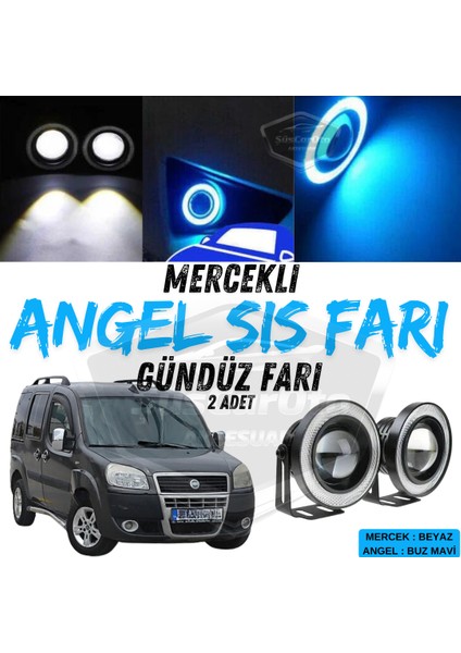 Fiat Doblo D2 2005-2010 Uyumlu Üniversal Mercekli Angel Sis Farı Metal Su Geçirmez 76 mm Buz Mavi Halkalı Gündüz Farı Angel Eyes 2 Adet
