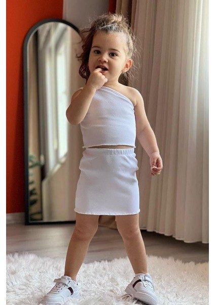 Büzgülü Yandan Askılı Kız Çocuk takım - Ekru