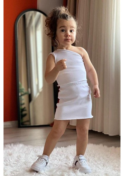 Büzgülü Yandan Askılı Kız Çocuk takım - Ekru modelleri