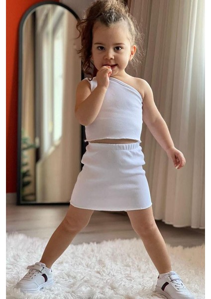 Büzgülü Yandan Askılı Kız Çocuk takım - Ekru fırsatları