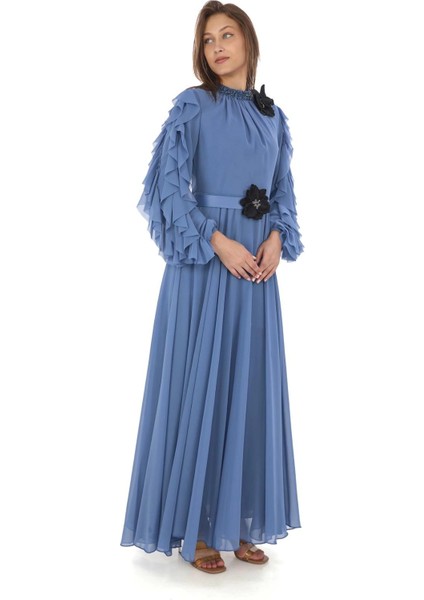 Yaka Işlemeli Kol Fırfırlı Taşlı Çiçek Detaylı Elbise 2708-İNDIGO fiyatları