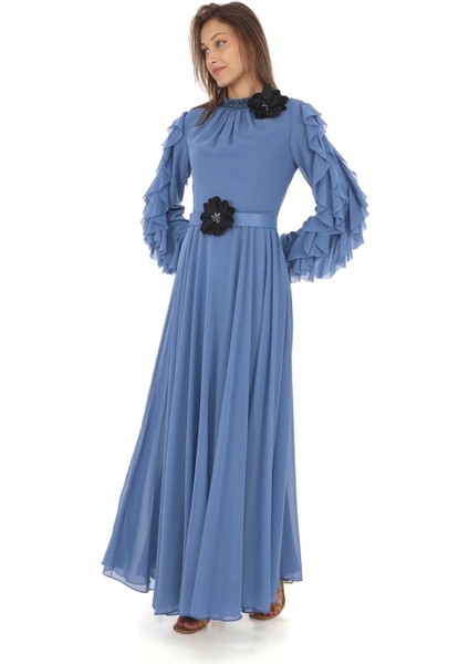 Yaka Işlemeli Kol Fırfırlı Taşlı Çiçek Detaylı Elbise 2708-İNDIGO modelleri