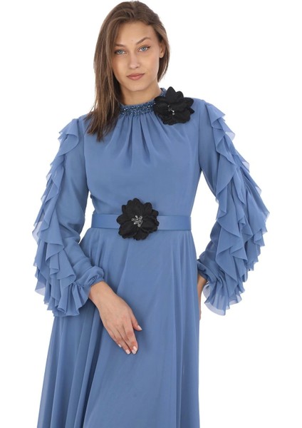 Yaka Işlemeli Kol Fırfırlı Taşlı Çiçek Detaylı Elbise 2708-İNDIGO fırsatları