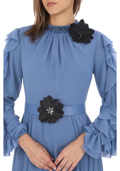 Yaka Işlemeli Kol Fırfırlı Taşlı Çiçek Detaylı Elbise 2708-İNDIGO indirimleri