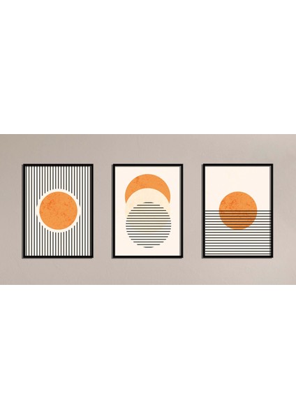 3'lü Turuncu Güneş ve Çizgiler Çerçeveli Ahşap Tablo , Ev Dekoru , Soyut Tablo , Ahşap Tablo
