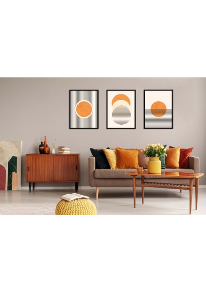 3'lü Turuncu Güneş ve Çizgiler Çerçeveli Ahşap Tablo , Ev Dekoru , Soyut Tablo , Ahşap Tablo modelleri