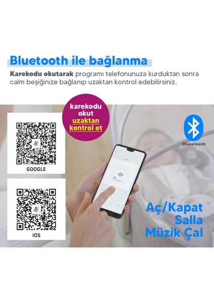 Calm All in One Çift Yönlü Bluetooth Müzikli Ana Kucağına Dönüşebilen Otomatik Sallanabilir Beşik