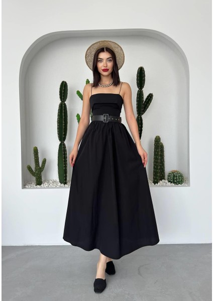 Poplin Kemerli Askılı Elbise