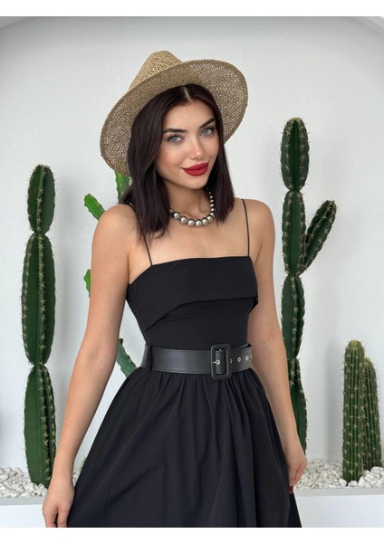 Poplin Kemerli Askılı Elbise