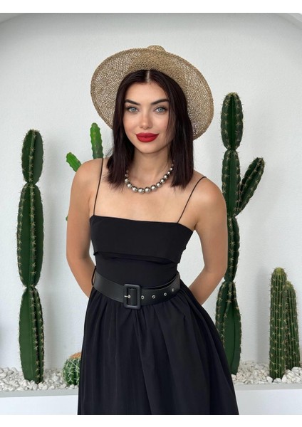 Poplin Kemerli Askılı Elbise