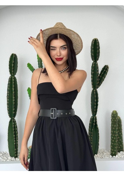 Poplin Kemerli Askılı Elbise